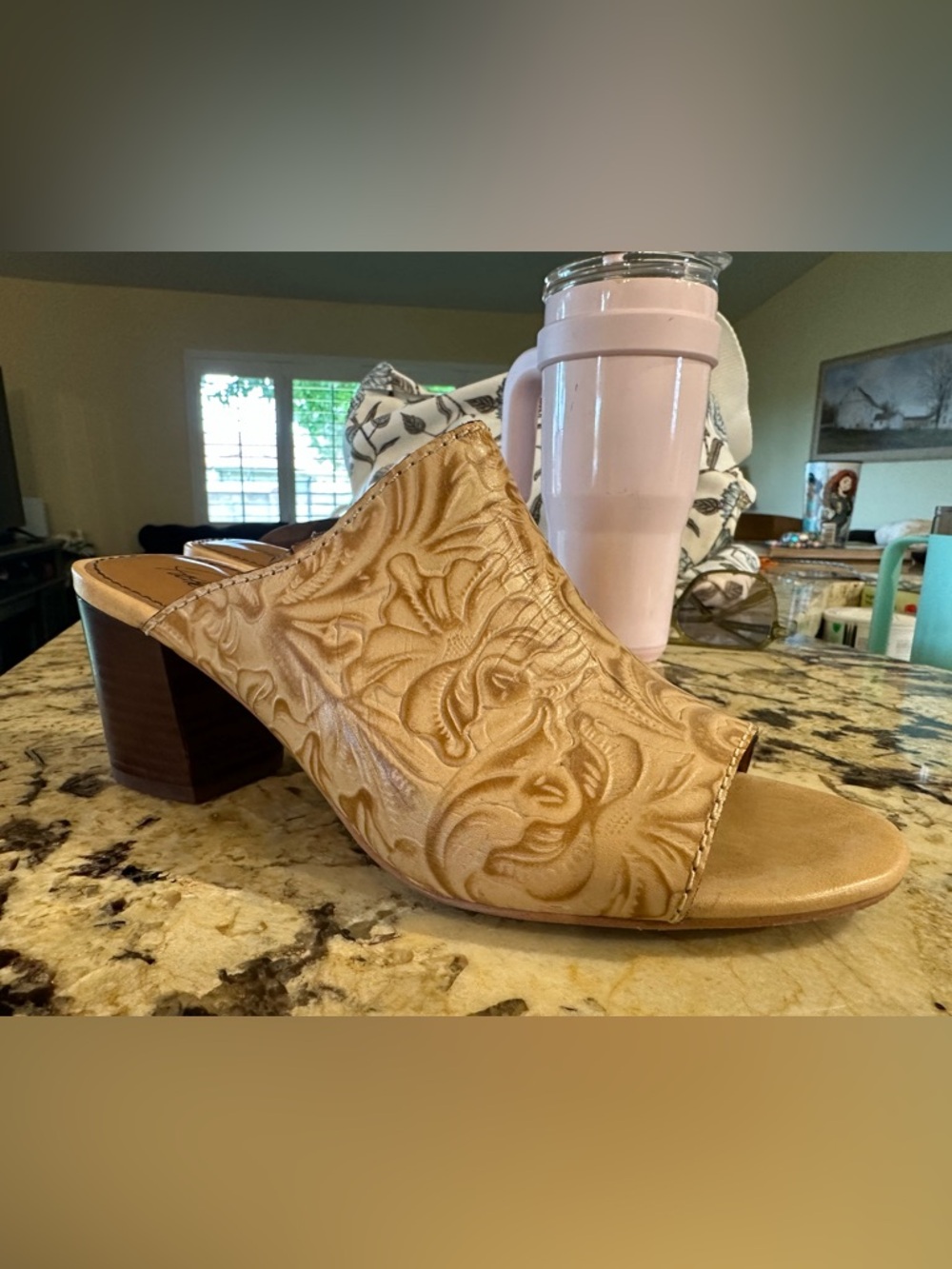 Patricia Nash Women's Tan Embossed Leather Open-Toe Mule Heel